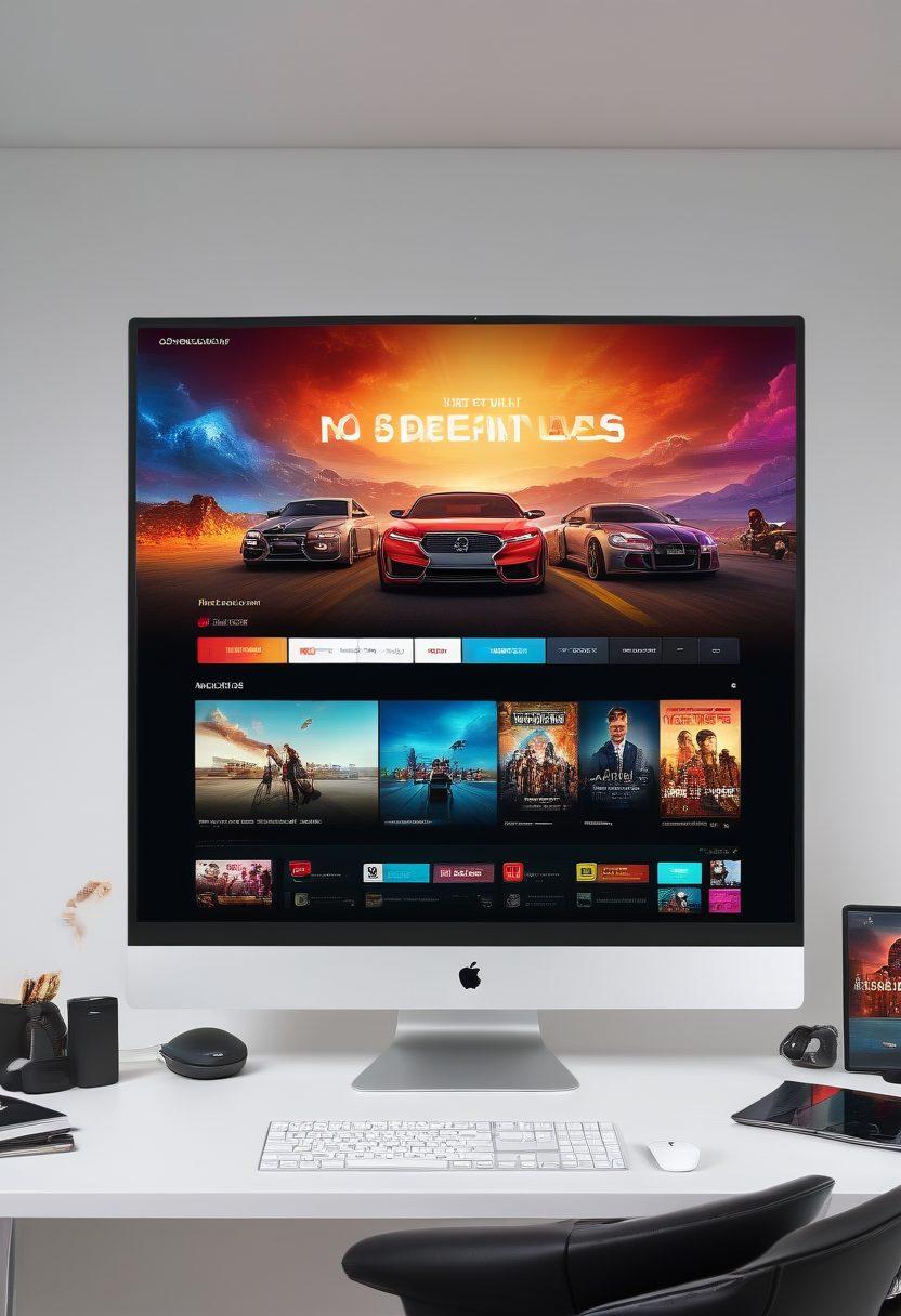 A futuristic home theater with a large flatscreen TV showing an HD quality movie, surrounded by excited viewers with a glowing 'No Ads' sign in the background. The computer screen on a modern desk shows the Web.OneFullMovie.com website. The overall scene should radiate premium entertainment and ease of access. super-realistic. vibrant colors. white background.