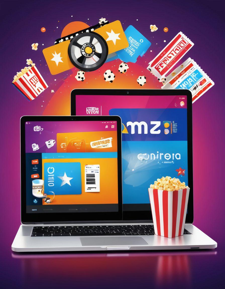A dynamic illustration of a sleek laptop and a smartphone displaying full-length HD movies in vibrant colors on their screens, surrounded by icons like a ticket, cinema reel, and popcorn indicating free and ad-free streaming. In the background, stylized web browser windows showcase the URL 'Web.OneFullMovie.com'. Vector art. vibrant colors. tech and entertainment fusion theme.